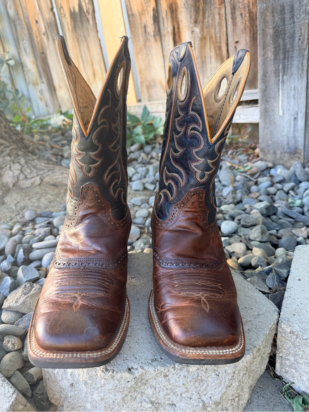 Men's Two-Tone Brown Western Cowboy Boots - Embroidered Black Shaft